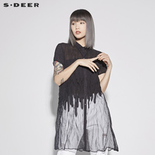 sdeer圣迪奥2018新款素雅纯色肌理皱褶拼接短袖衬衫S18280419图片