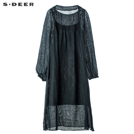 sdeer圣迪奥2018秋装复古绣花亚麻两件套(吊带+连衣裙)S18181208商品大图
