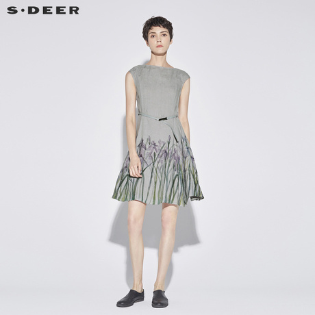 sdeer圣迪奥2018新款女装夏装圆领植物印花连衣裙S18281288商品大图