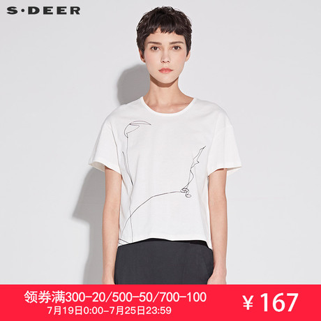 Sdeer圣迪奥19夏装女装趣味简笔线条宽松圆领t恤上衣s 圣迪奥女装旗舰店
