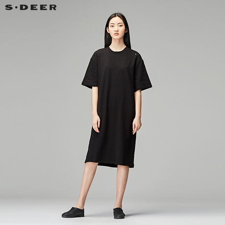 sdeer圣迪奥2018秋装圆领破洞中袖及膝长款连衣裙T恤女S18180208商品大图