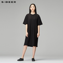 sdeer圣迪奥2018秋装圆领破洞中袖及膝长款连衣裙T恤女S18180208图片