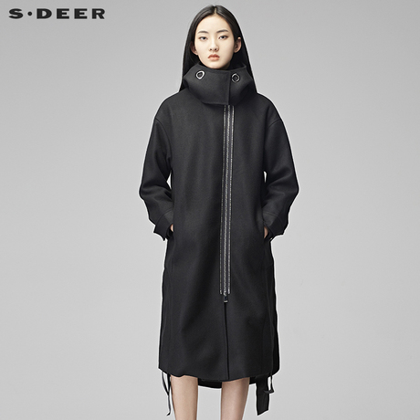 sdeer圣迪奥2018冬装连帽立领毛边设计长款毛呢大衣外套S17481880商品大图
