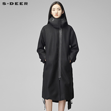 sdeer圣迪奥2018冬装连帽立领毛边设计长款毛呢大衣外套S17481880图片