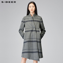 sdeer圣迪奥女经典撞色格纹金属装饰戗驳领口中长款大衣S17481806图片