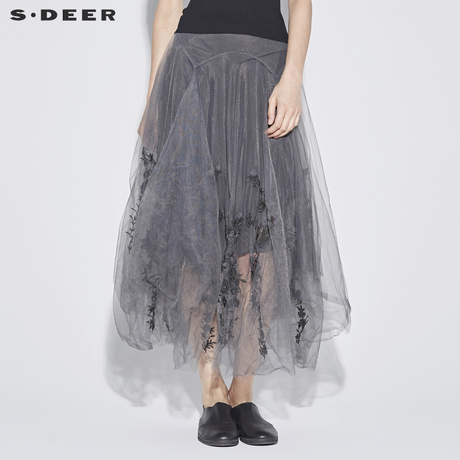 sdeer 圣迪奥 女装朦胧雾感手工刺绣层次纱质长裙S18281132商品大图