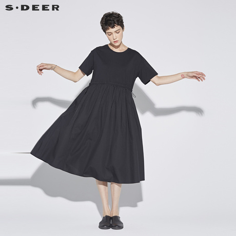 sdeer圣迪奥2018新款女装夏装圆领拼接高腰大摆连衣裙S18281295商品大图