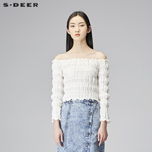 sdeer圣迪奥2018春装新款女一字领弹力修身短款衬衫S18180501图片