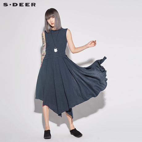 sdeer圣迪奥2018新款设计感优雅圆领不规则摆无袖连衣裙S18281232商品大图