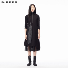 sdeer圣迪奥2018春装时尚纱网拼接PU贴布两件套连衣裙女S17381298图片