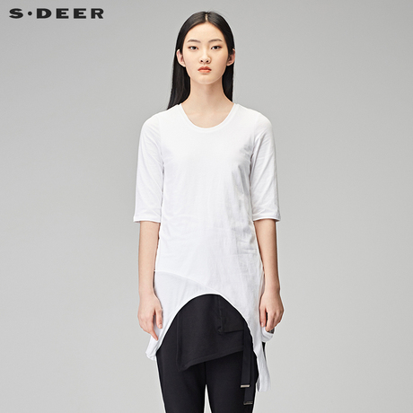 sdeer圣迪奥2018秋装唯美白色圆领不规则长款中袖T恤女S18180223商品大图
