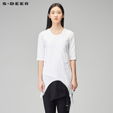 sdeer圣迪奥2018秋装唯美白色圆领不规则长款中袖T恤女S18180223图片