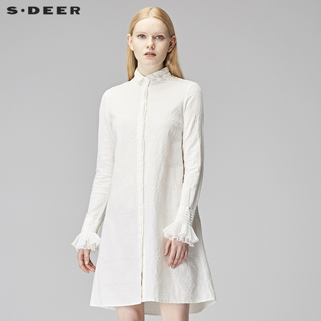 sdeer圣迪奥秋装唯美雪纺喇叭袖纹理印花长款亚麻衬衫女S17380580商品大图
