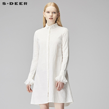 sdeer圣迪奥秋装唯美雪纺喇叭袖纹理印花长款亚麻衬衫女S17380580图片