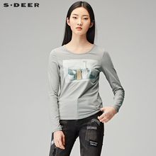 sdeer圣迪奥2018秋装套头圆领静物印花长袖短款打底T恤S17380203图片