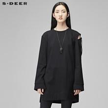 sdeer圣迪奥时尚酷感开衩底摆性感露肩飘带装饰长袖T恤S17480238图片