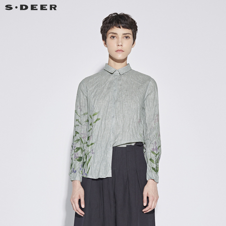 sdeer圣迪奥女装自然抓皱复古感印花衬衫S18280436商品大图
