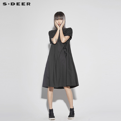 sdeer圣迪奥2018新款酷感中性翻领胶印大摆衬衫连衣裙S18281291商品大图