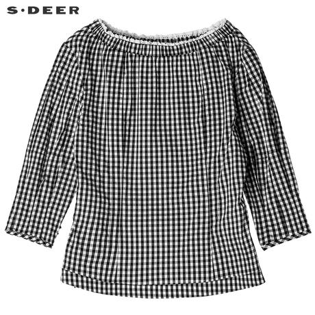 sdeer 圣迪奥 女装甜美格纹花边一字领中袖衬衫S18280435商品大图