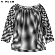 sdeer 圣迪奥 女装甜美格纹花边一字领中袖衬衫S18280435图片