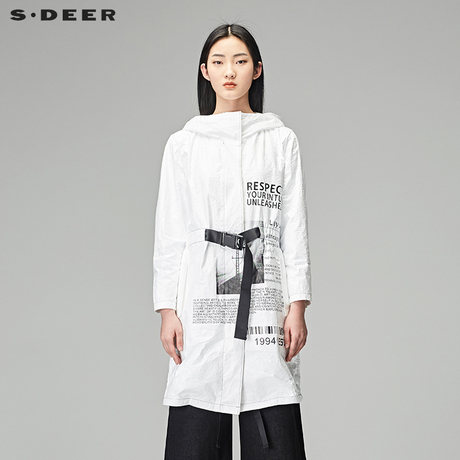 sdeer圣迪奥2018秋装字母印花帅气连帽收腰长款风衣外套S18181814商品大图