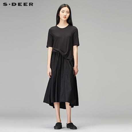 sdeer圣迪奥2018秋装简约休闲圆领中袖拼接文艺连衣裙女S18181225商品大图