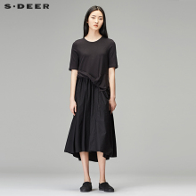 sdeer圣迪奥2018秋装简约休闲圆领中袖拼接文艺连衣裙女S18181225图片