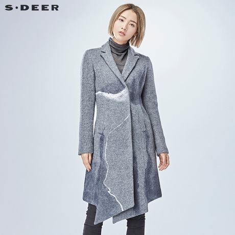 sdeer圣迪奥2018冬装新品抽象印花修身翻领不规则大衣女S16481875商品大图