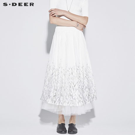 sdeer圣迪奥女素雅水墨竹叶印花百褶长裙S18281152商品大图