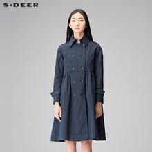 sdeer圣迪奥2018秋装翻领双排扣高腰长款A字风衣外套女S18181808图片