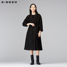 sdeer圣迪奥2018冬装8复古睡衣风腰带暗扣长款毛呢大衣S17461803图片