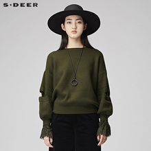 sdeer圣迪奥17冬装新品军绿蕾丝拼接灯笼袖针织衫毛衣女S17463595图片