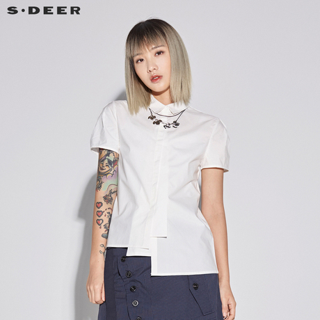 sdeer 圣迪奥 女装优雅素白方领不规则摆短袖衬衫S18280415商品大图