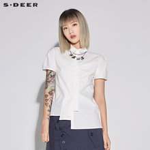 sdeer 圣迪奥 女装优雅素白方领不规则摆短袖衬衫S18280415图片
