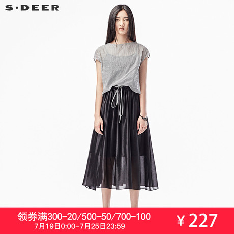 sdeer圣迪奥2018女夏装拼接系绳条纹宽松假两件连衣裙女S17281209商品大图
