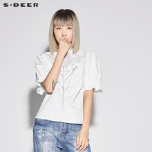 sdeer圣迪奥2018新款女装夏装甜美套头荷叶印胶短袖T恤S18280403图片