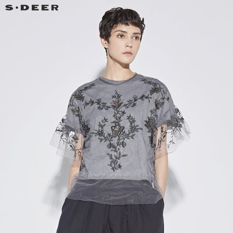 sdeer 圣迪奥 气质轻盈纱质手工绣花透视短袖两件套衬衫S18280404商品大图