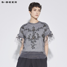 sdeer 圣迪奥 气质轻盈纱质手工绣花透视短袖两件套衬衫S18280404图片