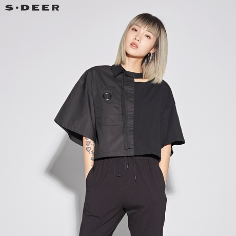 sdeer圣迪奥女装酷黑设计感拼接圆环镂空休闲中袖衬衫S18280412商品大图
