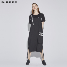 sdeer 圣迪奥 女装黑白条纹字母绣花飘带装饰休闲背带裙S18281213图片