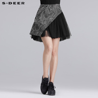 sdeer圣迪奥夏装闪亮丝线绣花欧美朋克网纱拼接半身裙女S16281328