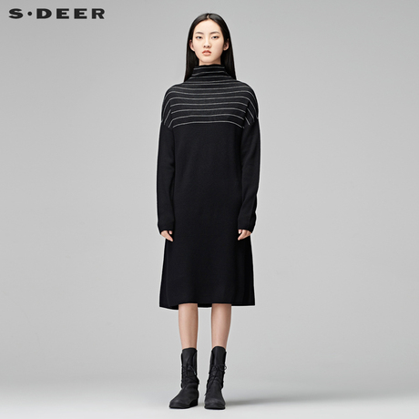 sdeer圣迪奥女装简约设计感条纹高领长款针织衫S17483558商品大图