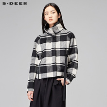 sdeer圣迪奥女装低调格纹时尚拼接飘带占领短款毛呢外套Y17482213图片