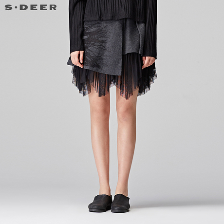 sdeer圣迪奥冬摩登低调灰网纱拼接简约线迹装饰毛呢短裙S17481371商品大图