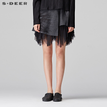 sdeer圣迪奥冬摩登低调灰网纱拼接简约线迹装饰毛呢短裙S17481371图片