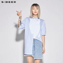 sdeer圣迪奥2018新款女装夏装蓝白条纹立领晕染短袖衬衫S18280422图片