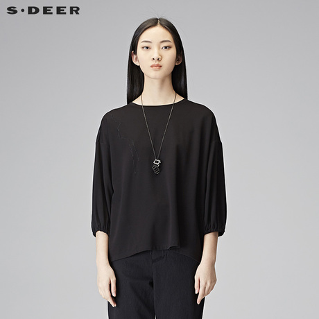 sdeer圣迪奥2018秋装潮简约线迹宽松套头中袖圆领T恤女S18180219商品大图