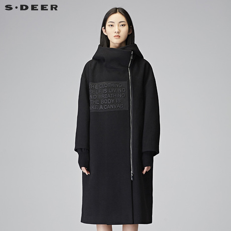 sdeer圣迪奥时尚休闲贴布装饰防风连帽长款大衣外套S17481894商品大图