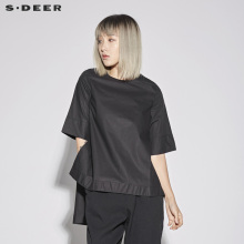 sdeer圣迪奥2018新款女装夏装圆领前短后长摆短袖衬衫S18280420图片