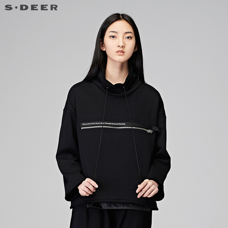 sdeer 圣迪奥2018冬新品装街头酷黑拉链卷边短款卫衣女Y17482205商品大图